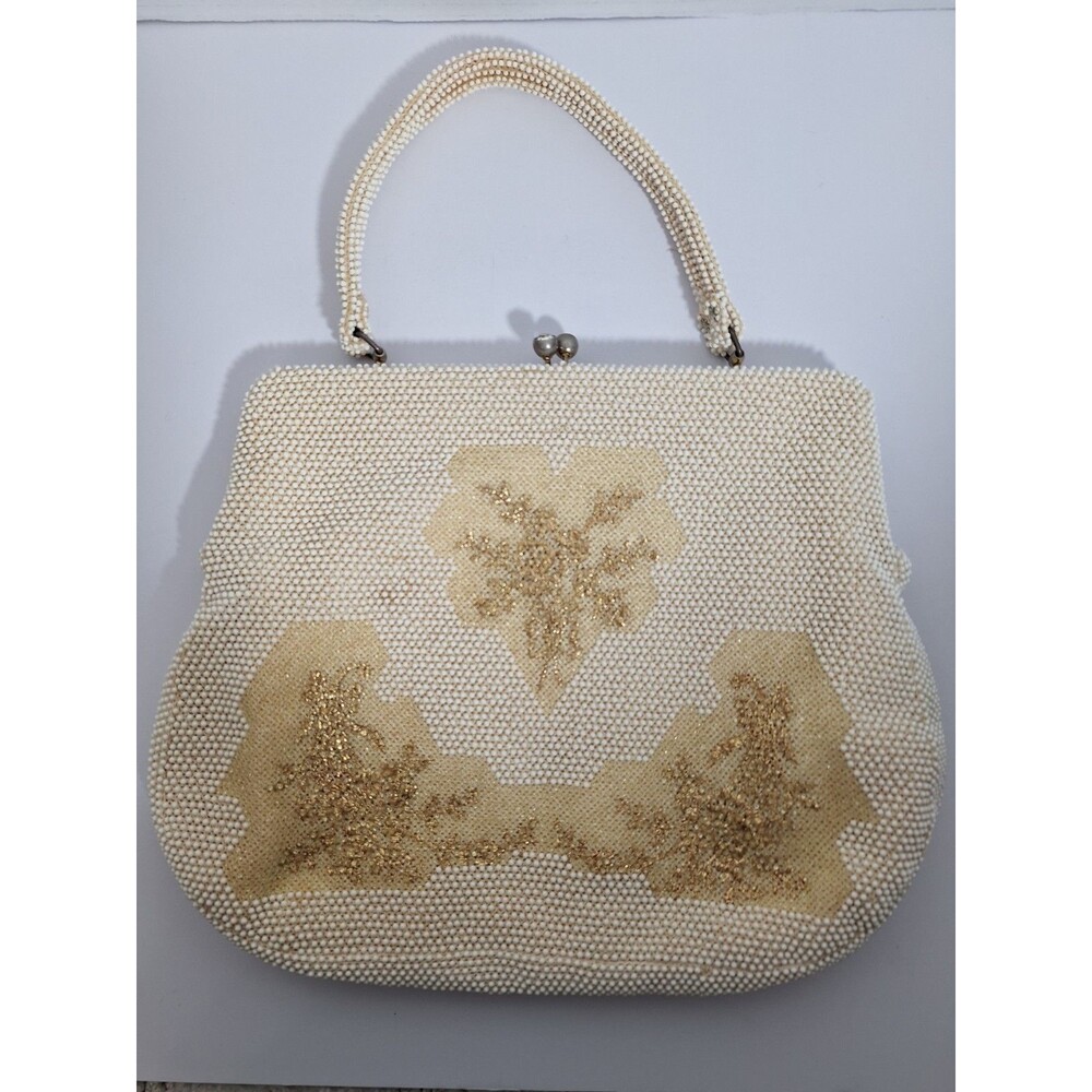 Vintage 50's 60's Lumured Petite Corde Bead Purse Handbag Ivory Metallic Retro